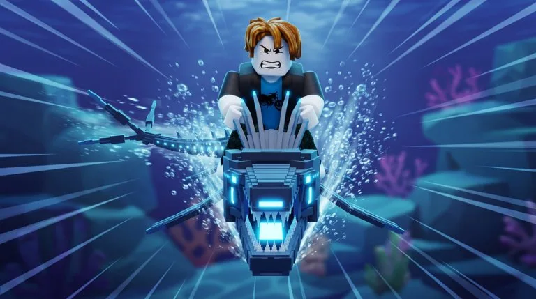 A player riding a glowing skeletal deep-sea fish at high speed through a dark underwater scene.